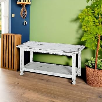 Distressed White Rustic Bench