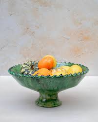 Tamegroute Green Pedestal Serving Bowl Handmade Moroccan Ceramic