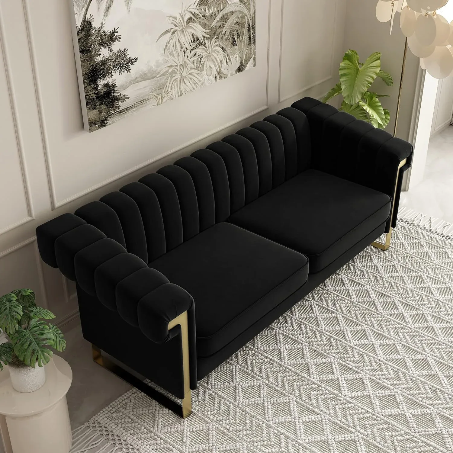 Black Velvet Channel Tufted Sofa