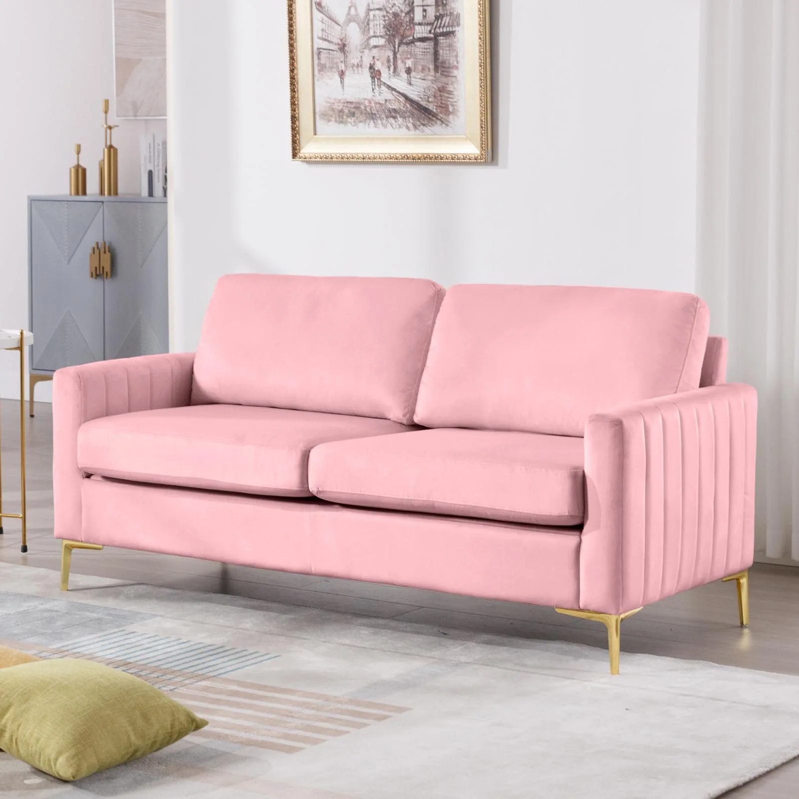 Velvet Loveseat Sofa Couch,65"W Upholstered Channel Tufted Comfy 2 Seater Sofa with Metal Legs,Mid Century Modern Couch,Deep Seat Small Couch for Living Room,Office,Apartment,Small