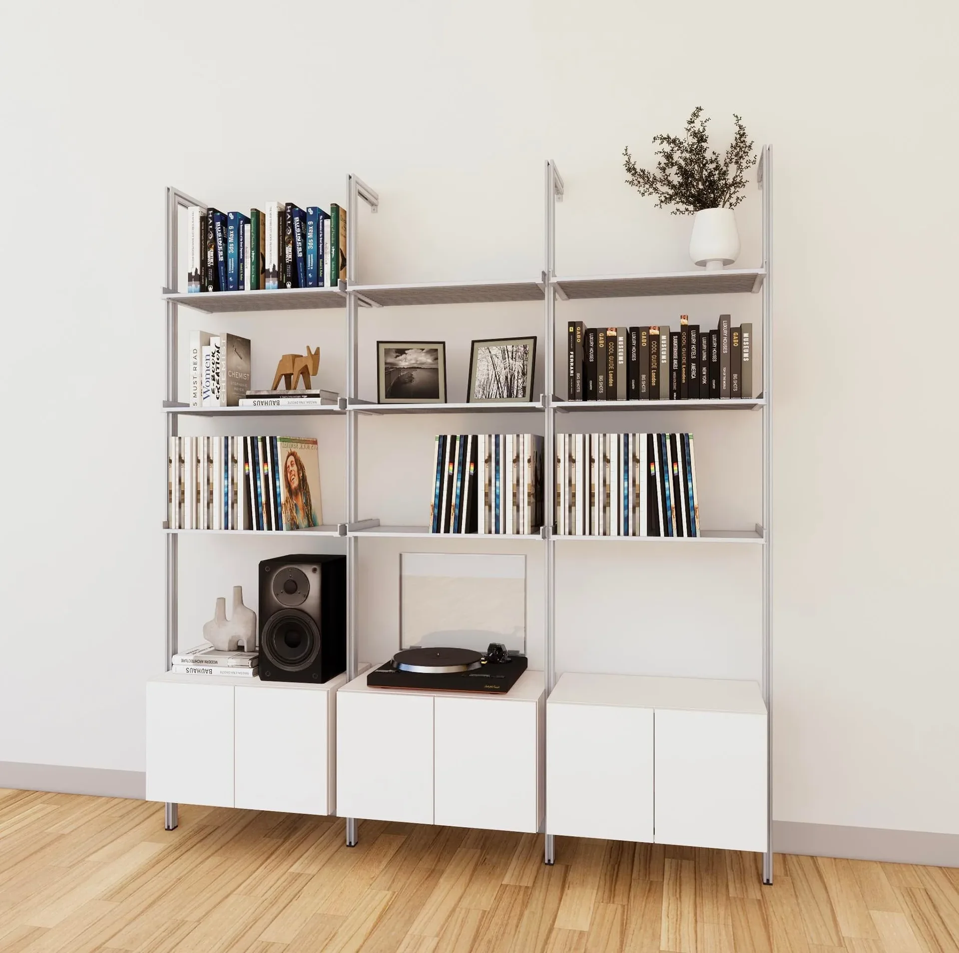 Modern Aluminum and Wood Open Shelving Unit