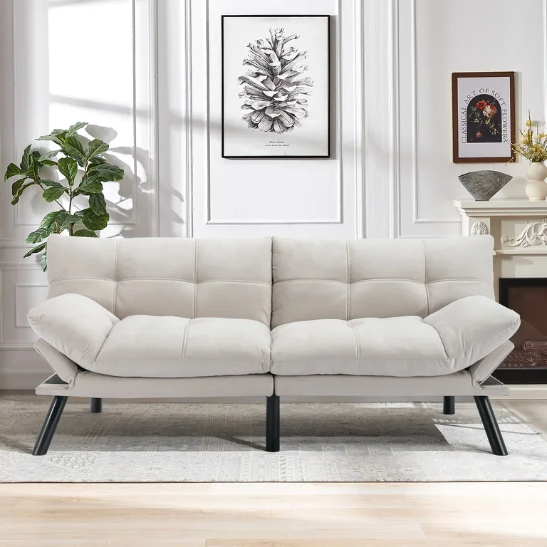 Leumius White Fabric Futon Sofa