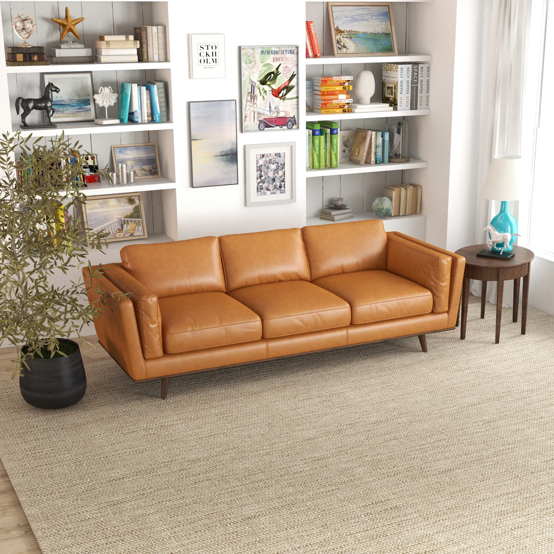 Mid-Century Modern Tan Leather Sofa