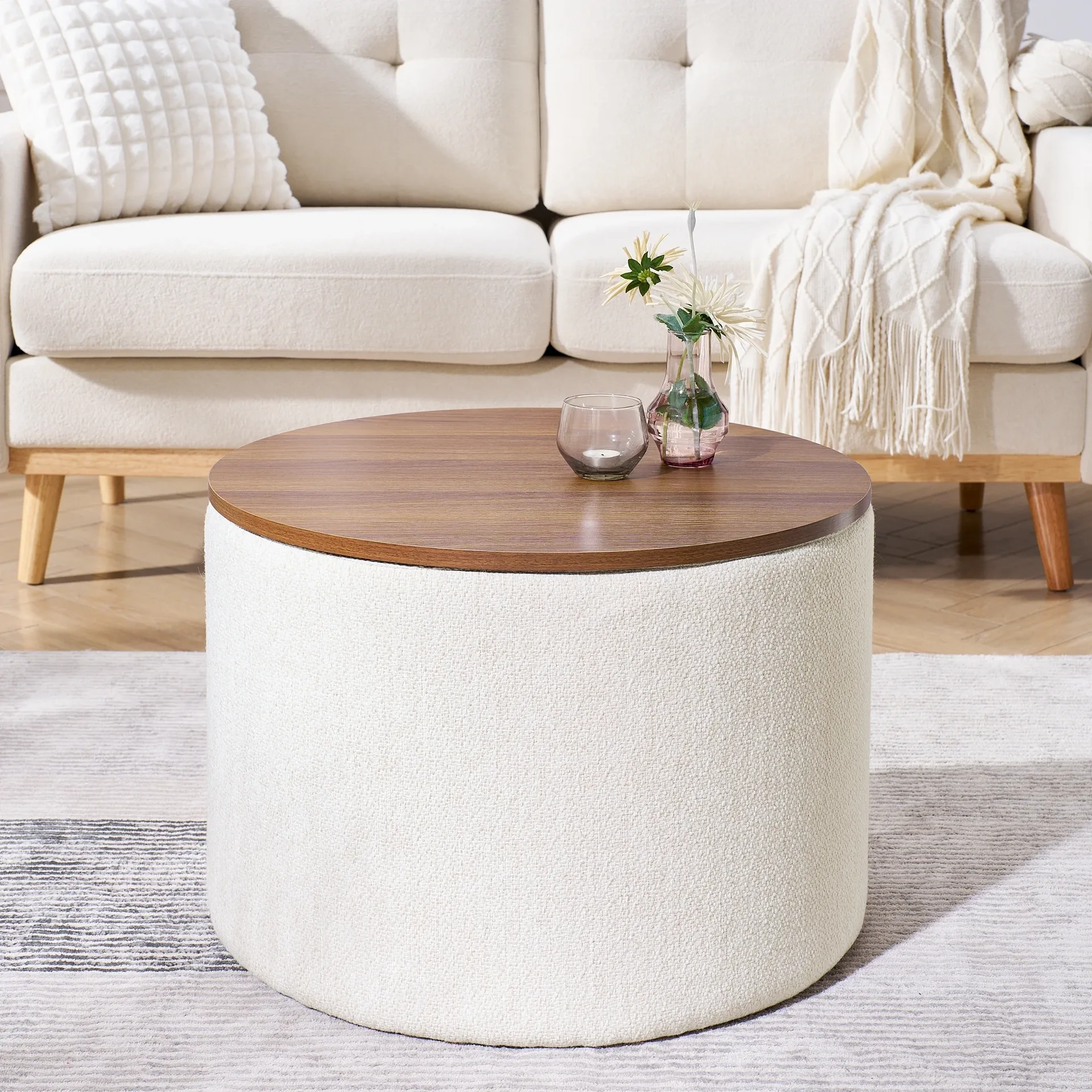 Round Upholstered Storage Ottoman Coffee Table
