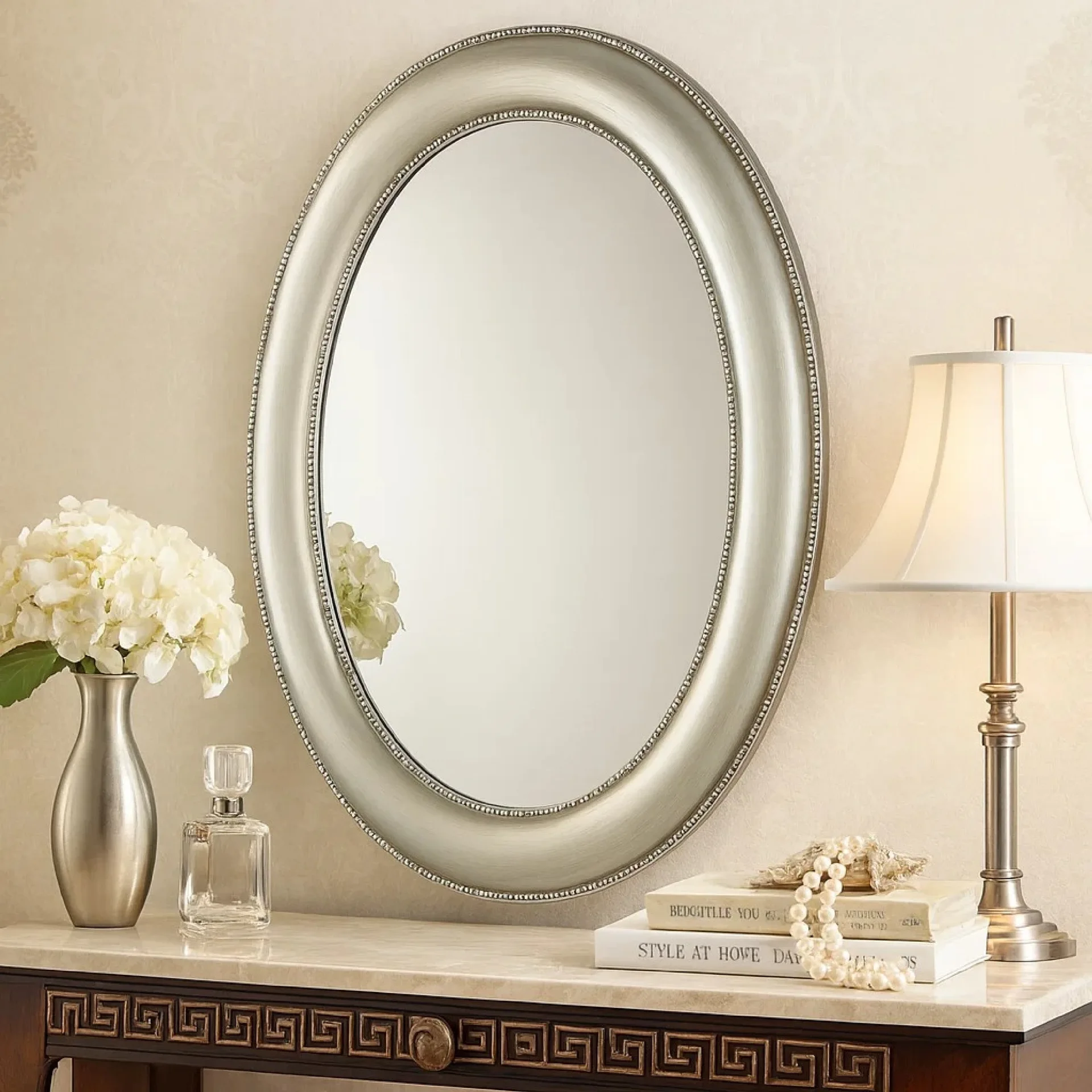 Silver Beaded Oval Mirror