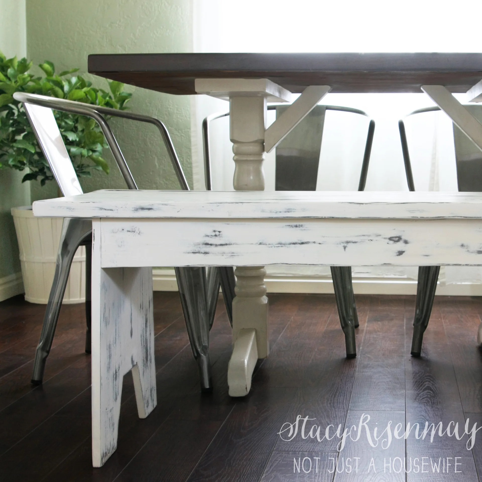 Distressed White Rustic Bench