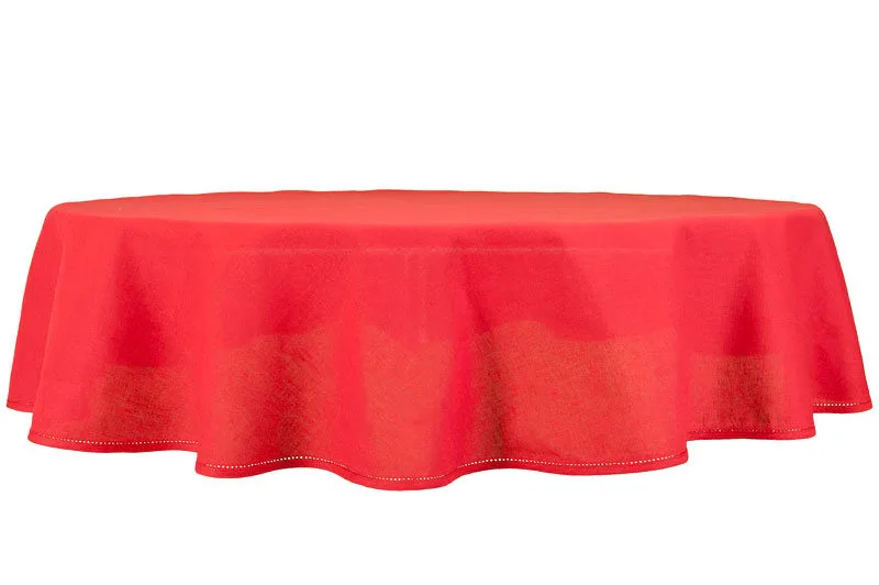 Round Red Linen Table With Tablecloth