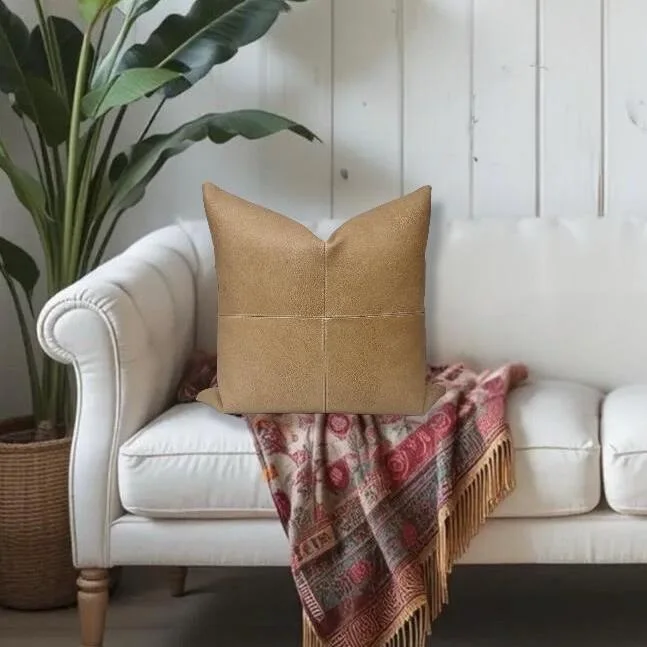 Square Tan Leather Throw Pillow
