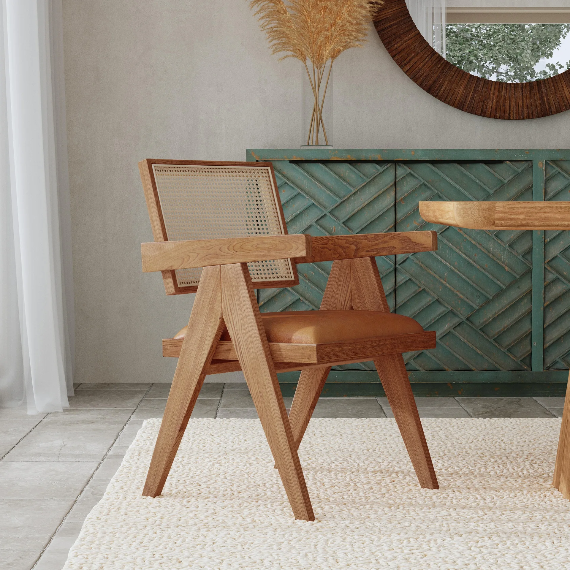 Douglas Mid-Century Modern Leather and Rattan Dining Chair