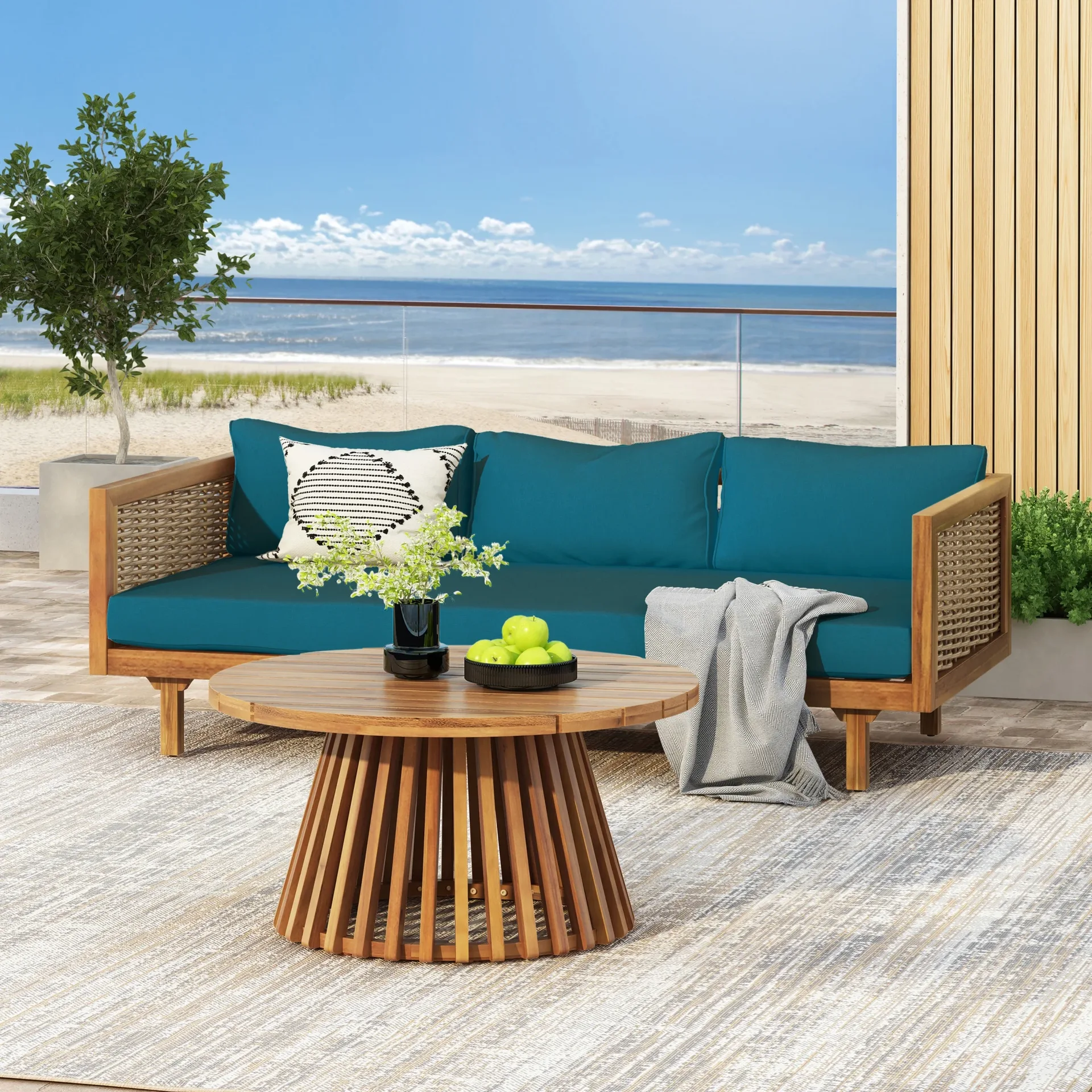 Woven Rattan and Wood Outdoor Daybed