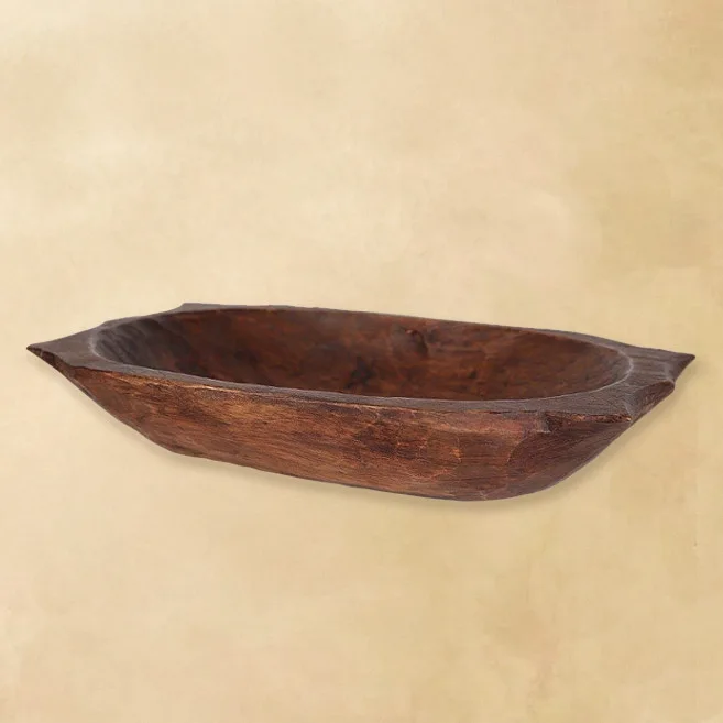 Deep Wooden Dough Bowl with Handles Dark Wax