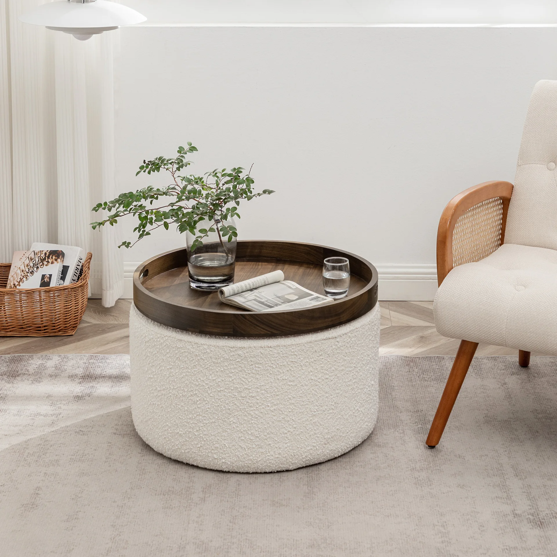 Round Upholstered Storage Ottoman Coffee Table