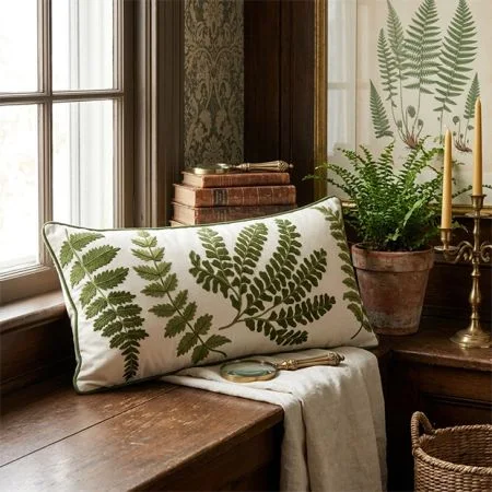 Fern Embroidered Rectangular Throw Pillow