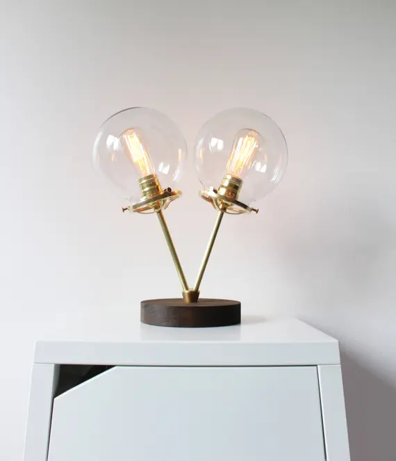 Globe Table Lamp, Brass and Wood Desk Lamp, 2 Twin Clear Glass Globes, Bootsngus Modern Lighting and Home Decor
