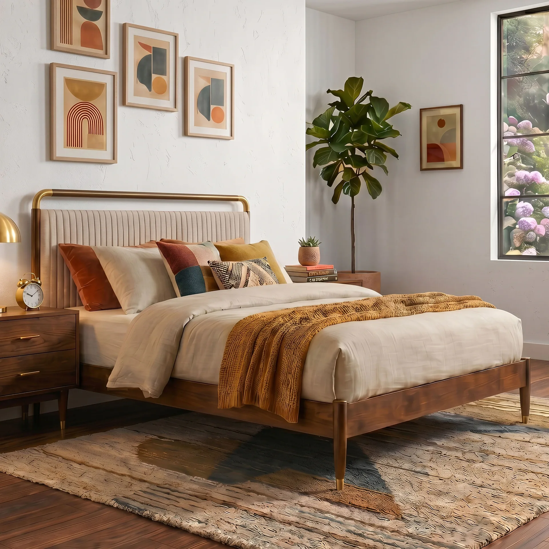 Korva Mid-Century Modern Walnut Platform Bed