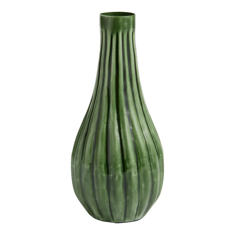 Dark Green Ribbed Ceramic Vase