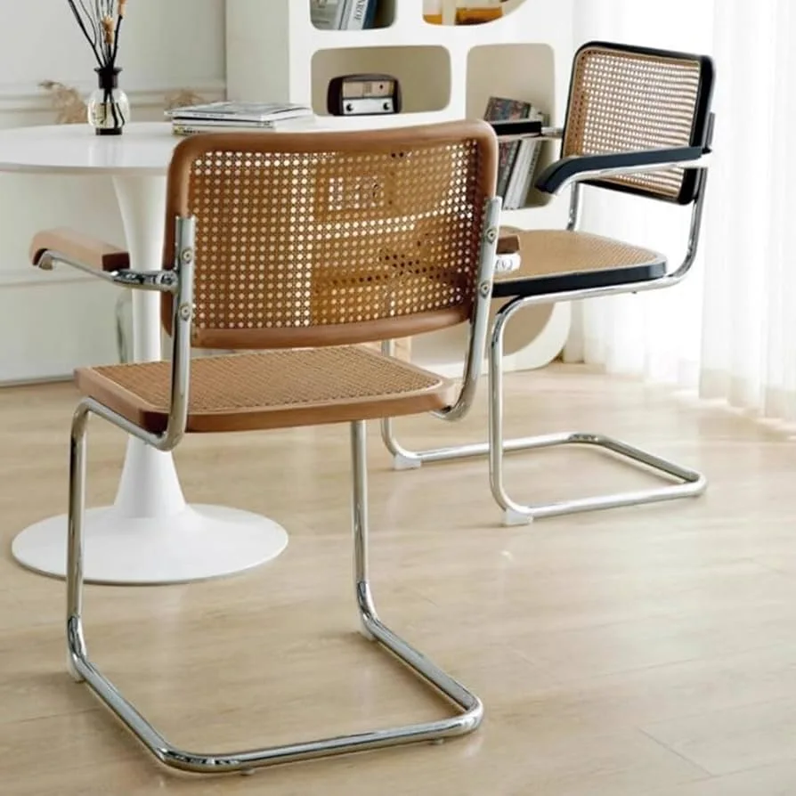 Rattan and Chrome Cantilever Dining Chair