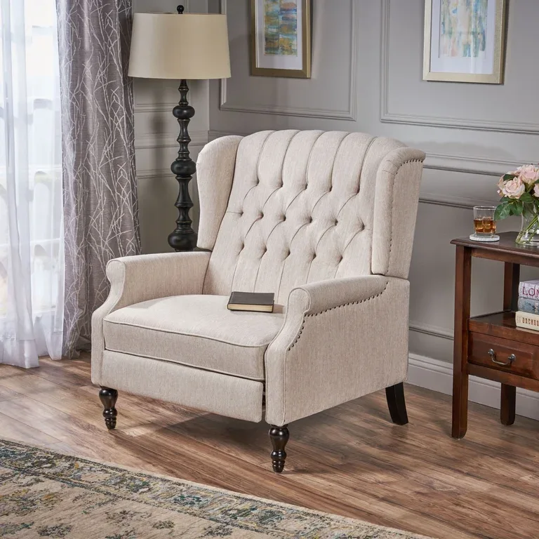 Barnsfield Beige Tufted Wingback Recliner