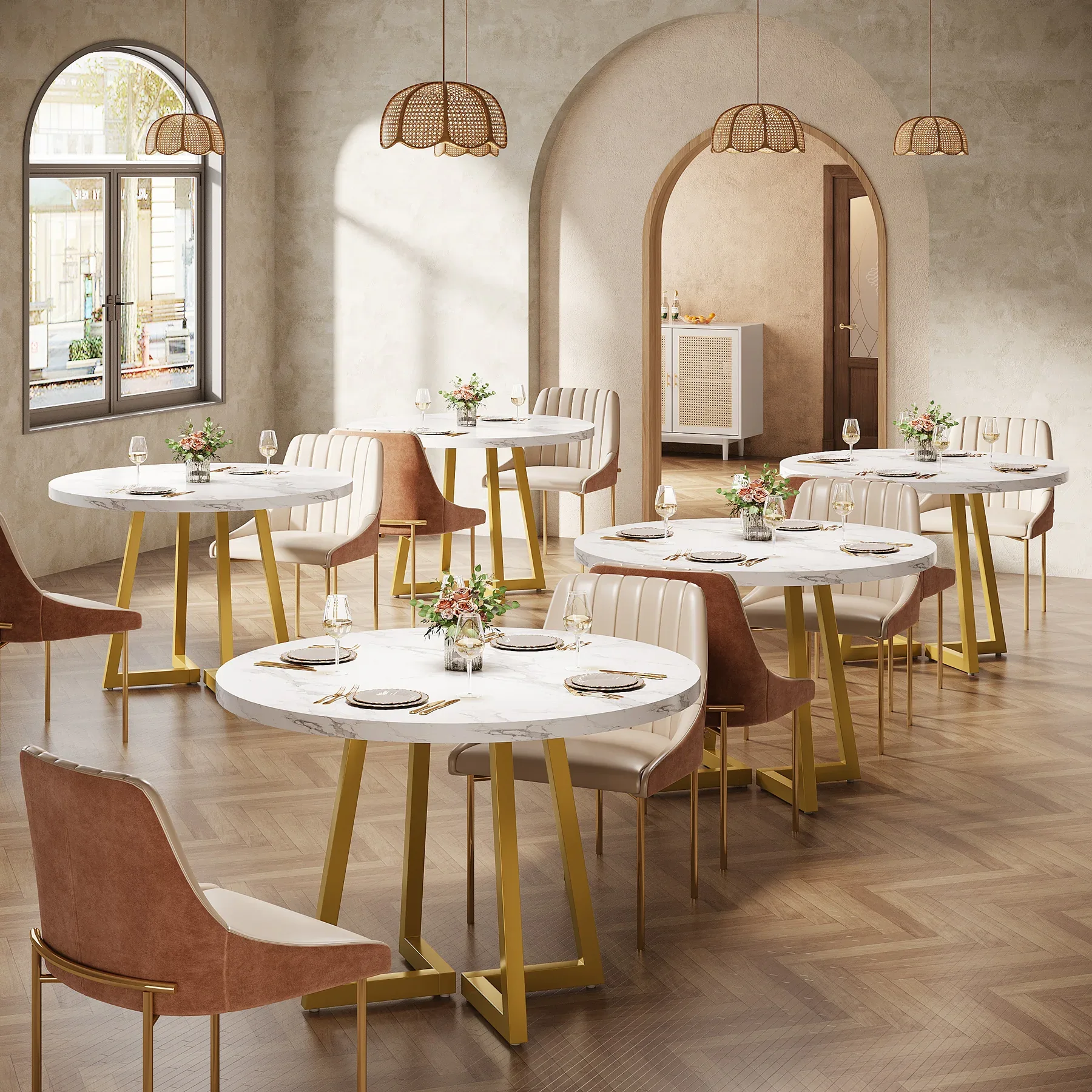 Round Dining Table with Gold Metal Base