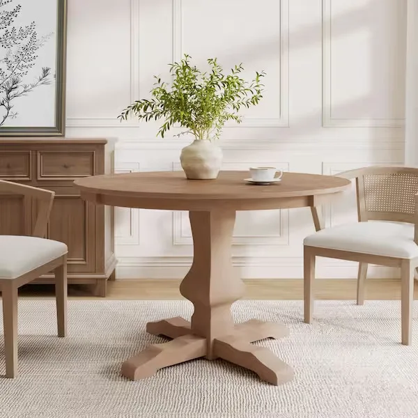 Round Natural Wood Pedestal Dining Table