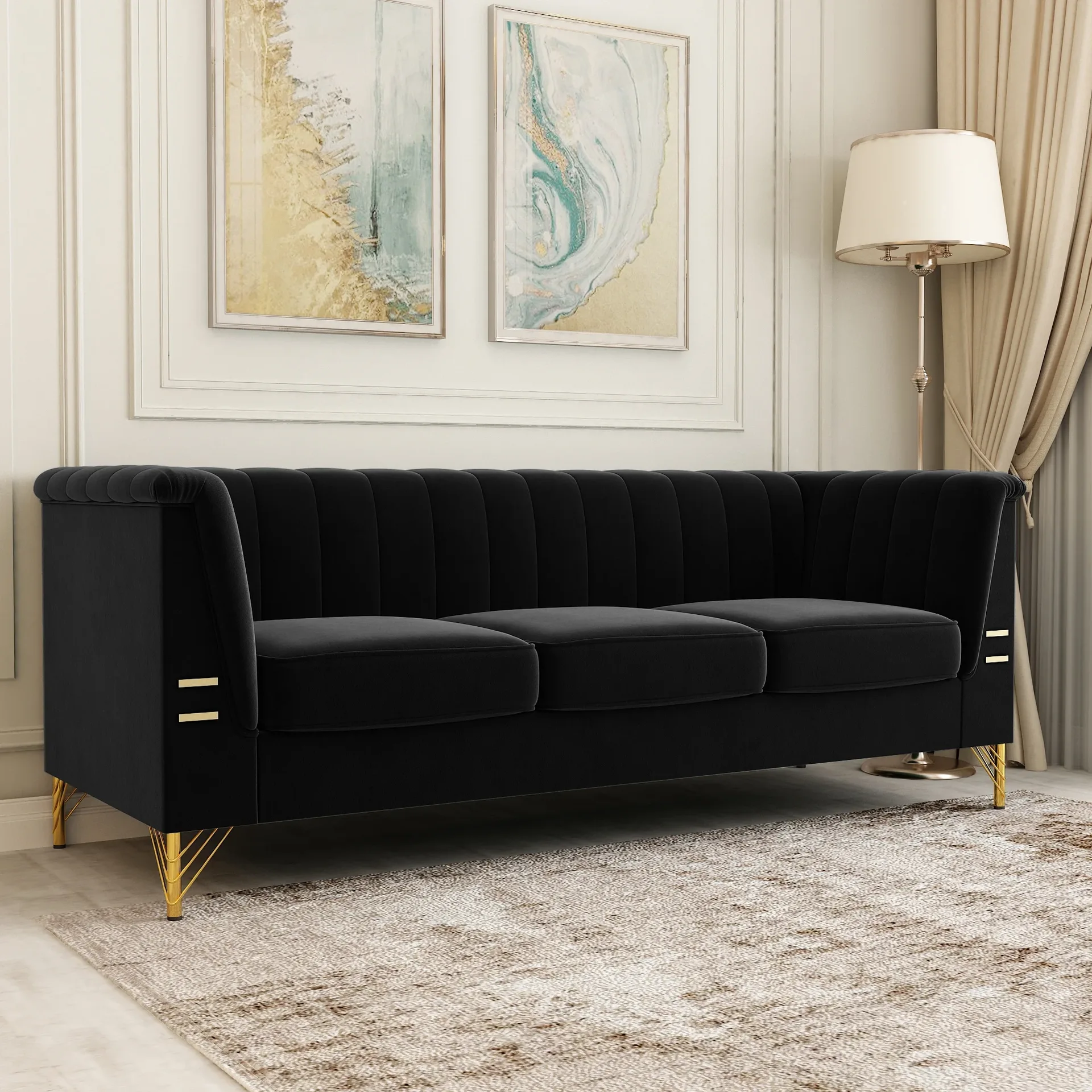 Black Velvet Channel Tufted Sofa