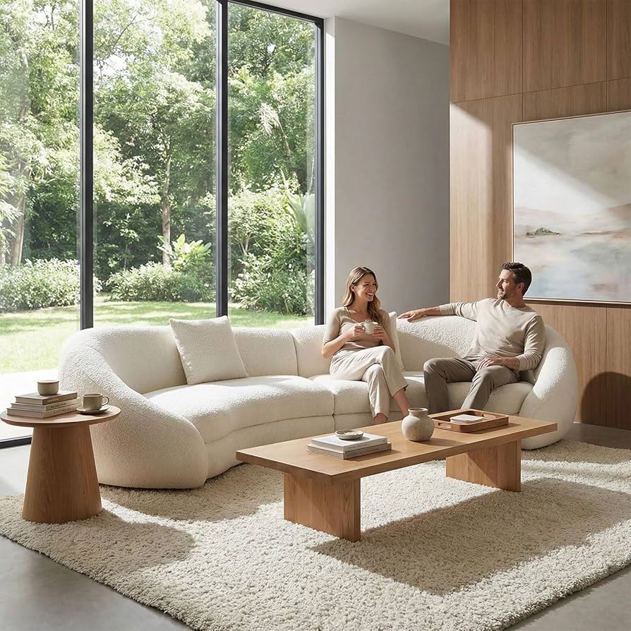 Cream Fabric Curved Sofa