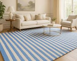 Blue and White Striped Wool Area Rug