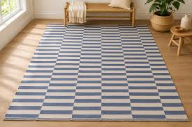 Blue and White Striped Wool Area Rug