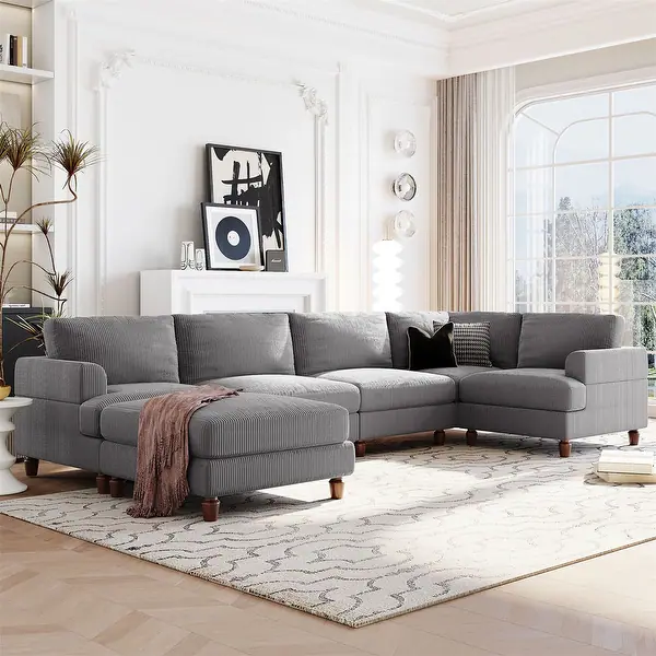 Gray Ribbed Fabric Sectional Sofa