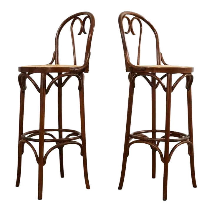 Pair of Thonet Romanian Bentwood Cane Bar Stools