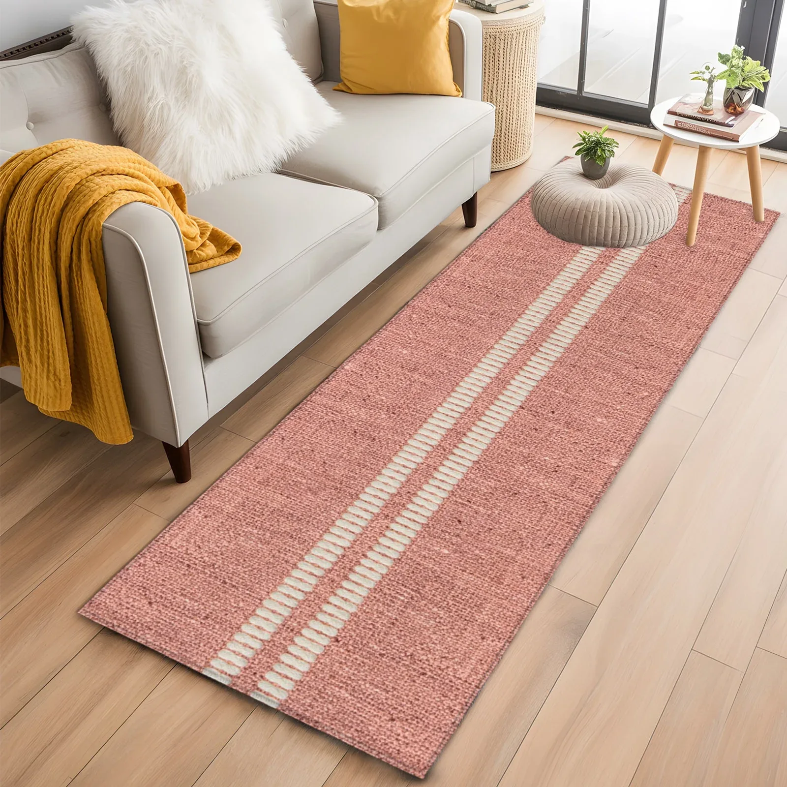 Area Rug 2x6ft Vertical Cream Stripes Area Rugs Washable Low Pile Floor Carpet for Bedroom, Pink Linen Texture Background Non Slip Soft Rugs for Living Room Entryway Dining Room