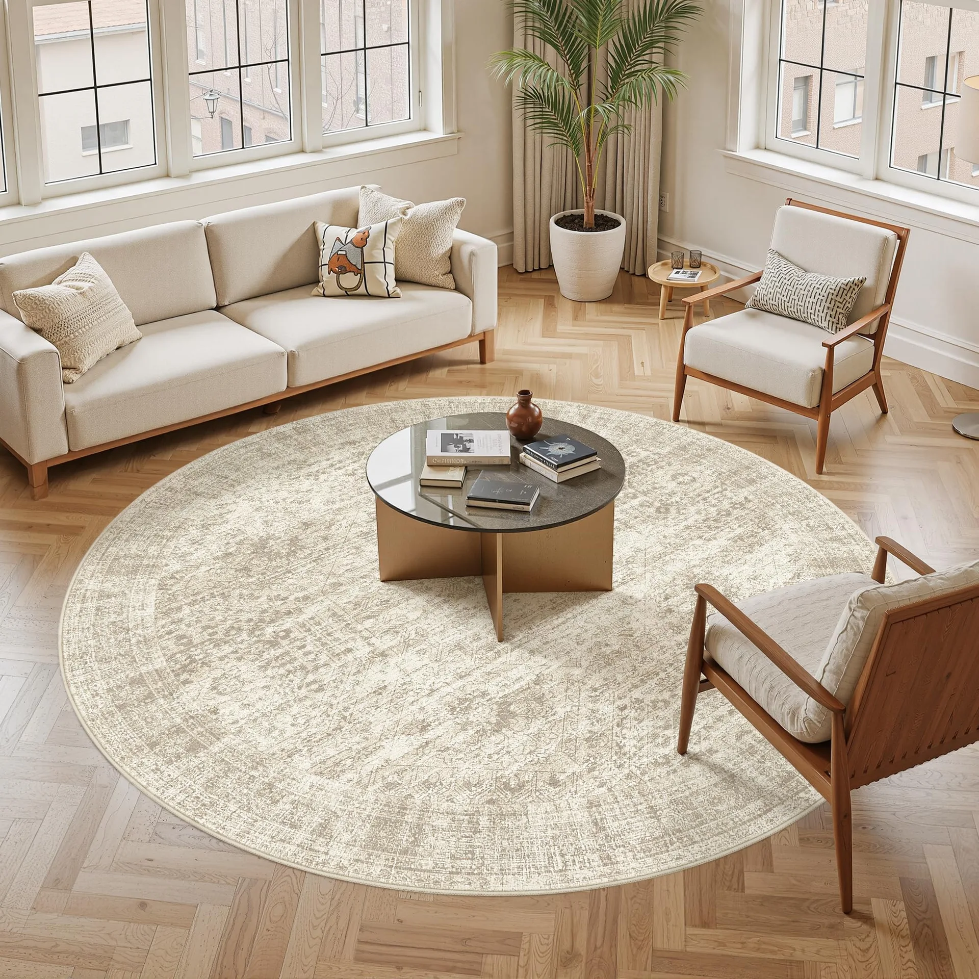 Beige Vintage Round Area Rug