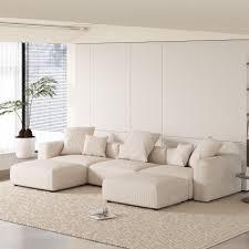 Cream Ribbed Fabric Modular Sectional Sofa