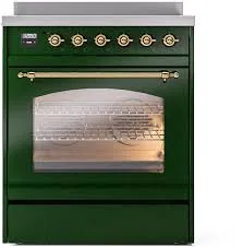 Green Kitchen Range with Brass Accents