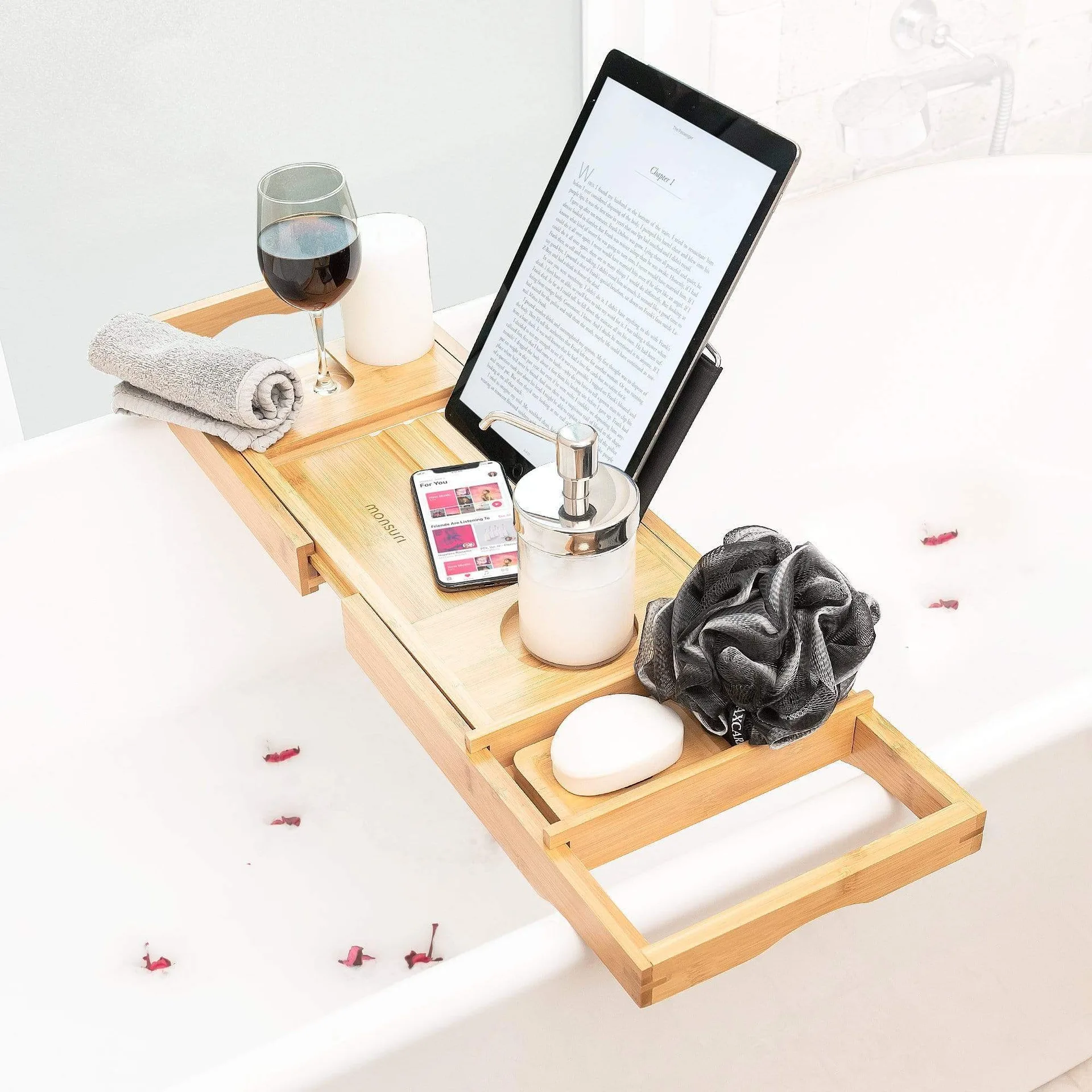 Bamboo Bath Tray for Tub - Adjustable Caddy