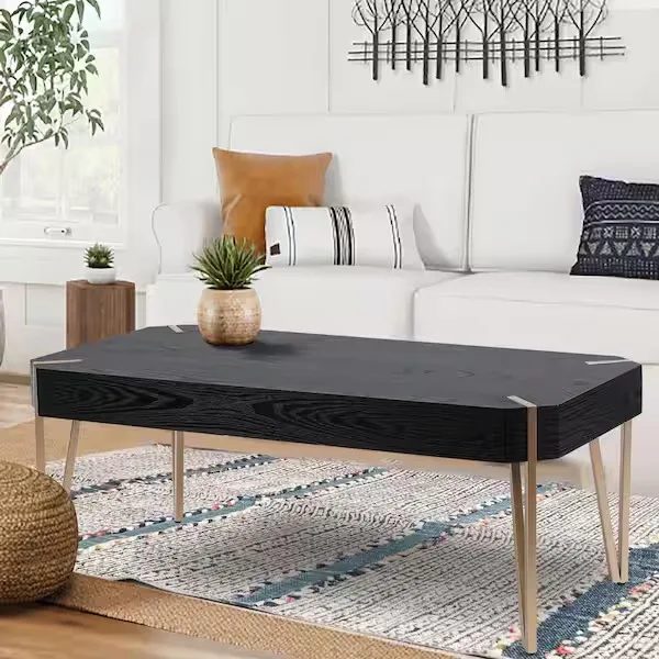 LuxenHome 46 in. Black/Brass Large Rectangle Wood Coffee Table WHIF787