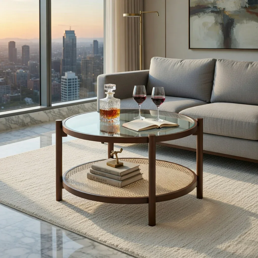 Round Glass and Rattan Coffee Table