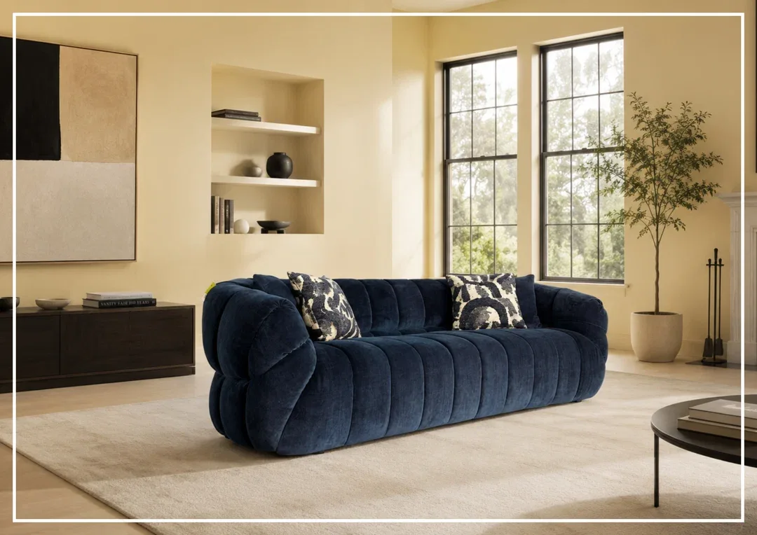 Blue Fabric Channel Tufted Modular Sofa