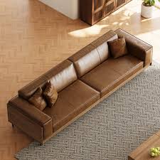 Mid-Century Modern Brown Leather Sofa