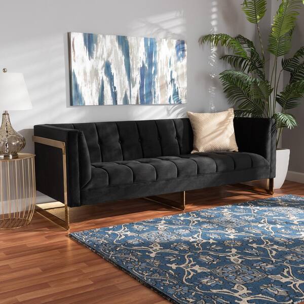 Ambra Black Velvet Channel Tufted Sofa