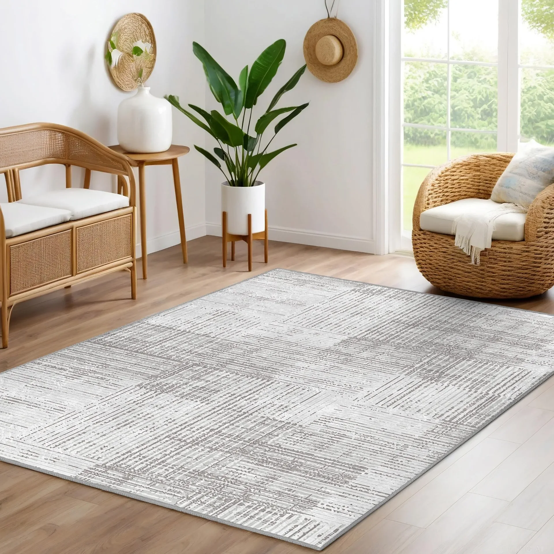 Modern Geometric Area Rug-grey Linear Texture Mat-contemporary Anti Slip Rug-minimalist Living Room Carpet-versatile Neutral Square Rug
