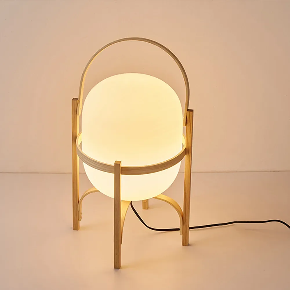 Minimalist Wood and Glass Lantern Table Lamp