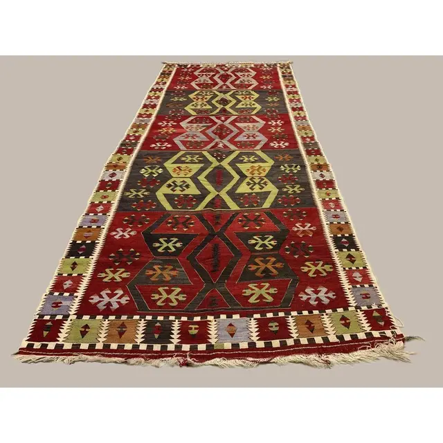 Vintage Turkish Geometric Wool Runner Rug