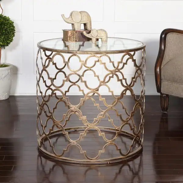 Uttermost Quatrefoil Antique Gold Drum Side Table