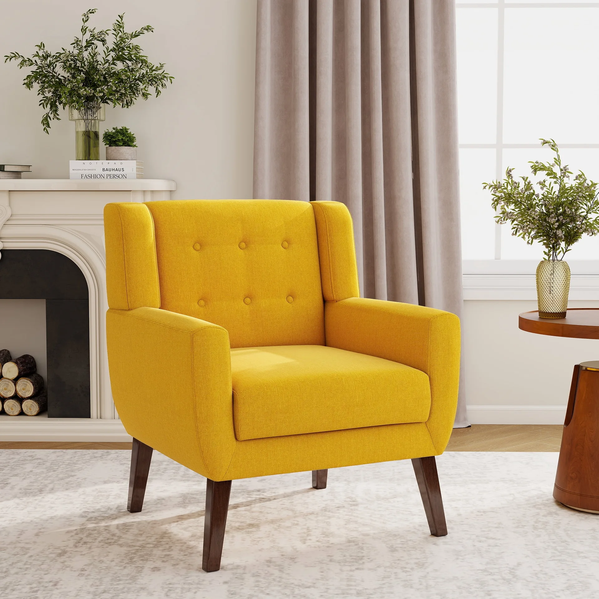 UIXE Midcentury Modern Yellow Accent Armchair, Linen Upholstered for Living Room, Bedroom