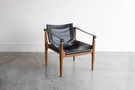 Brown Saltman Safari Mid-Century Modern Leather Sling Armchair