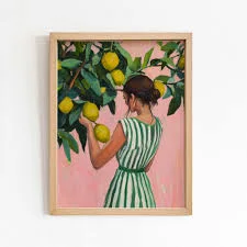 Woman and Lemon Tree Framed Wall Art