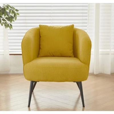 Corduroy Accent Chair with Pillow, Modern Barrel Armchair with Metal Legs for Living Room Bedroom