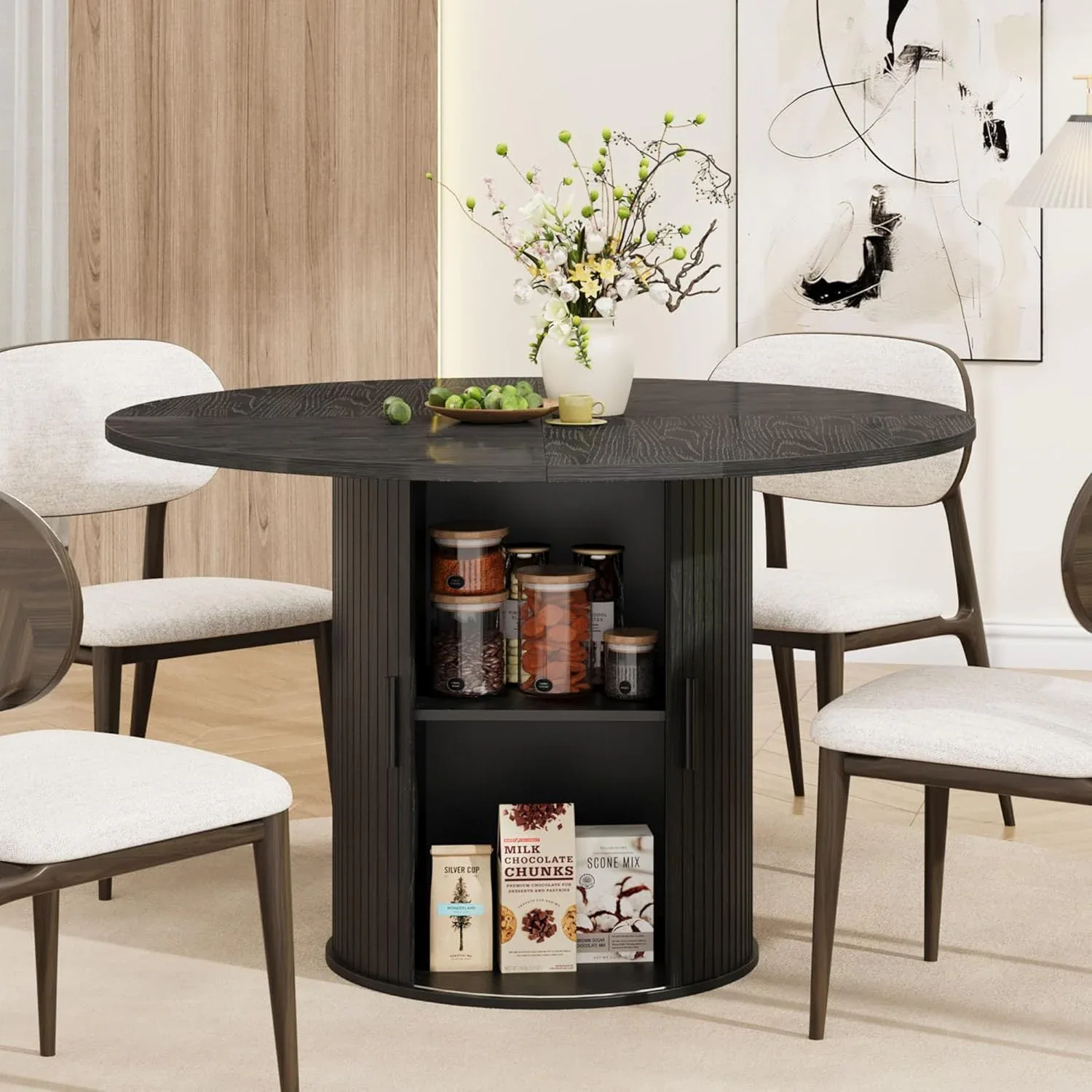 Round Black Ribbed Pedestal Dining Table