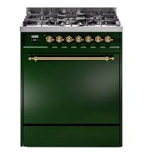 Green Kitchen Range with Brass Accents